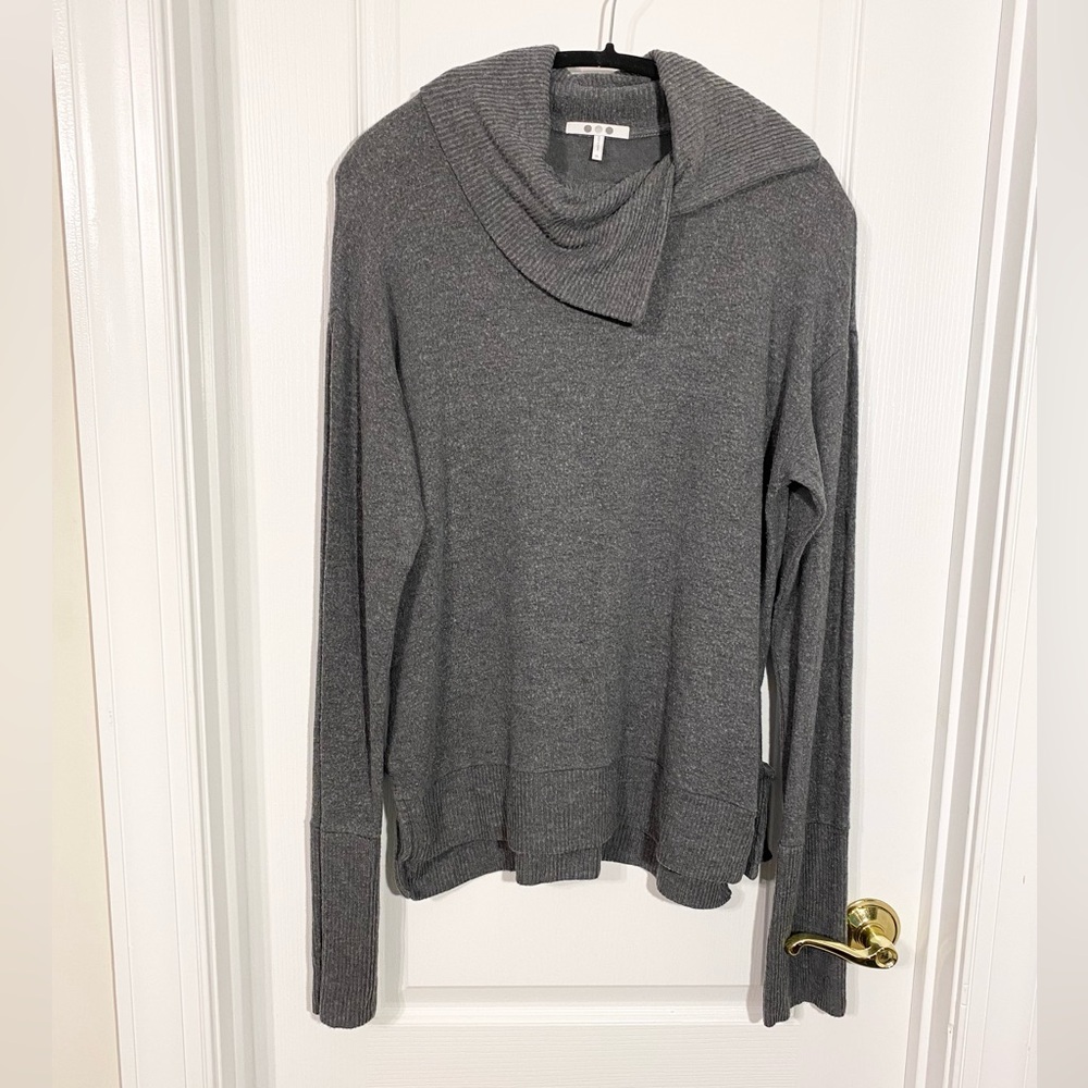 Three Dots USA MADE Asymmetrical Cowl Neck Side Tie Knit Sweater Gray Size XL